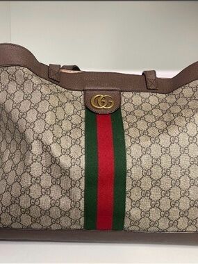 Gucci Beige GG Supreme Canvas Tote with Green and Red Stripe